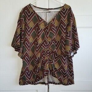 Goddess Blouse Women's 3X Yellow Green Geometric Drawstring Front